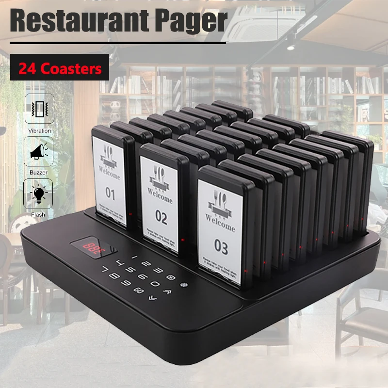 Wireless Restaurant Pager Wireless Calling System 24 Coaster Buzzer Vibrator Bell Receiver Beeper for Food Truck Cafe Bar