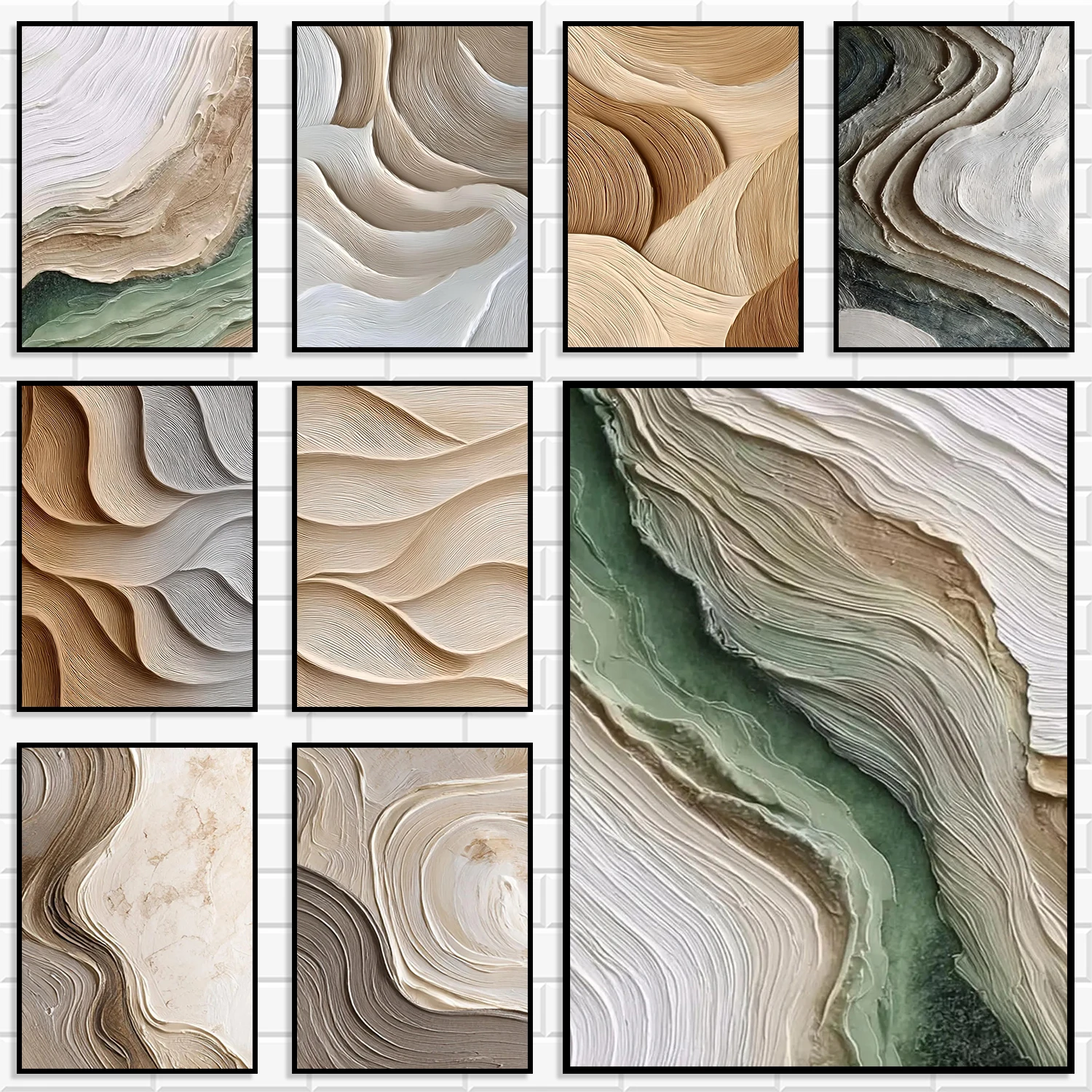 Conjunto de Cuadros Decorativos de Pared en Tela con Textura Pesada en Tono Beige Crema, Relieve Abstracto de Ondas Curvas en Verde Salvia y Marrón Neutro para Decoración del Hogar