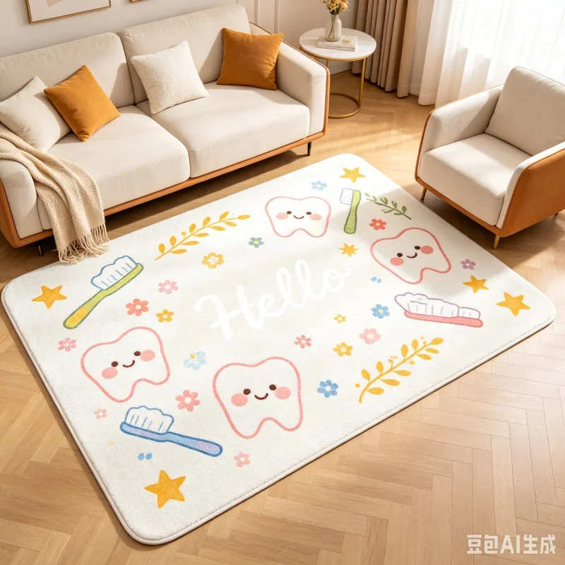 White Flannel Large Area Rug Hello Cartoon Teeth Floral Print Non Slip Soft Floor Carpet For Living Room