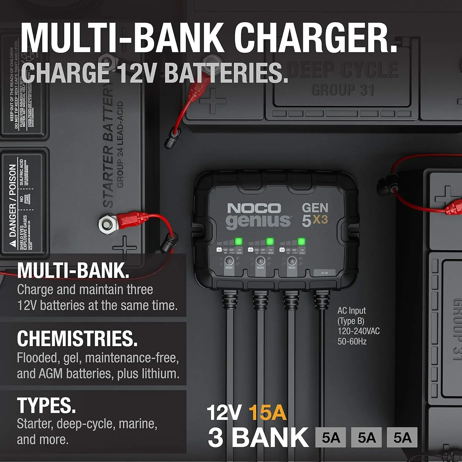 Genius GEN5X3, 3-Bank, 15A (5A/Bank) Smart Marine Battery Charger, 12V Waterproof Onboard Boat Charger, Battery Maintainer