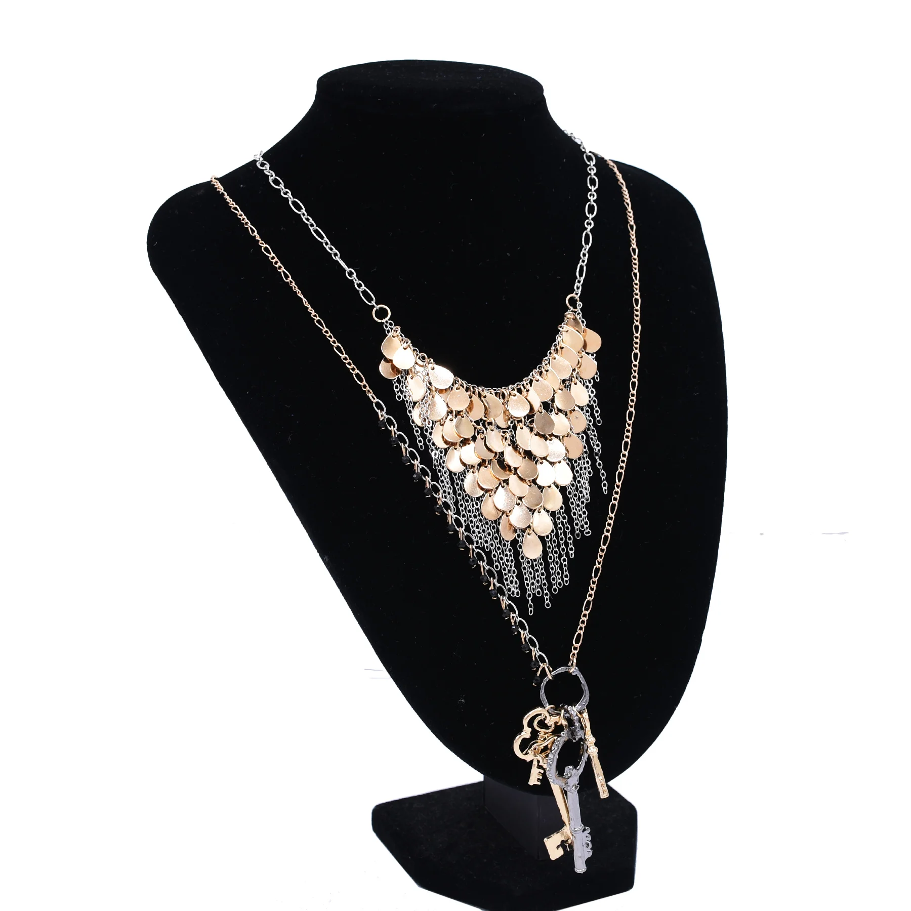 Gold Shimmer Sequin Waterfall Key Pendant Necklace for Women Vintage Boho Ethnic Style Chain Tassel Neck Jewelry Accessories