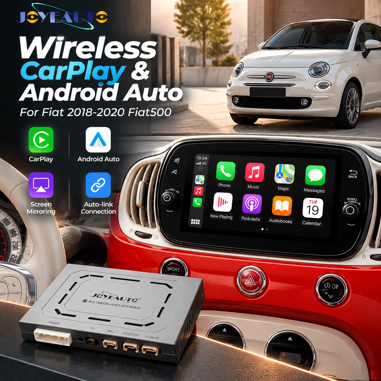 Wireless CarPlay Adapter for Fiat 500 2018‑2020Convert OEM Wired CarPlay to Wireless, Auto Connect Plug & Play Dongle JoyeAuto