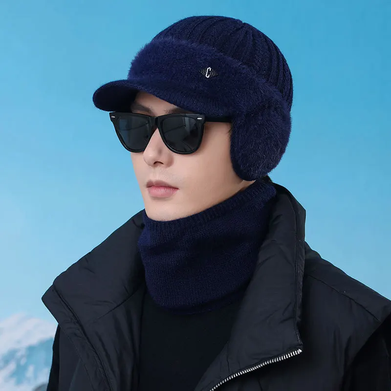مجموعة قبعة ووشاح محبوكة للرجال - شتوية مبطنة بالمخمل ومقاومة للبرد للرياضات الخارجية وركوب الدراجات والمشي لمسافات طويلة وإكسسوارات ترفيهية مقاومة للرياح