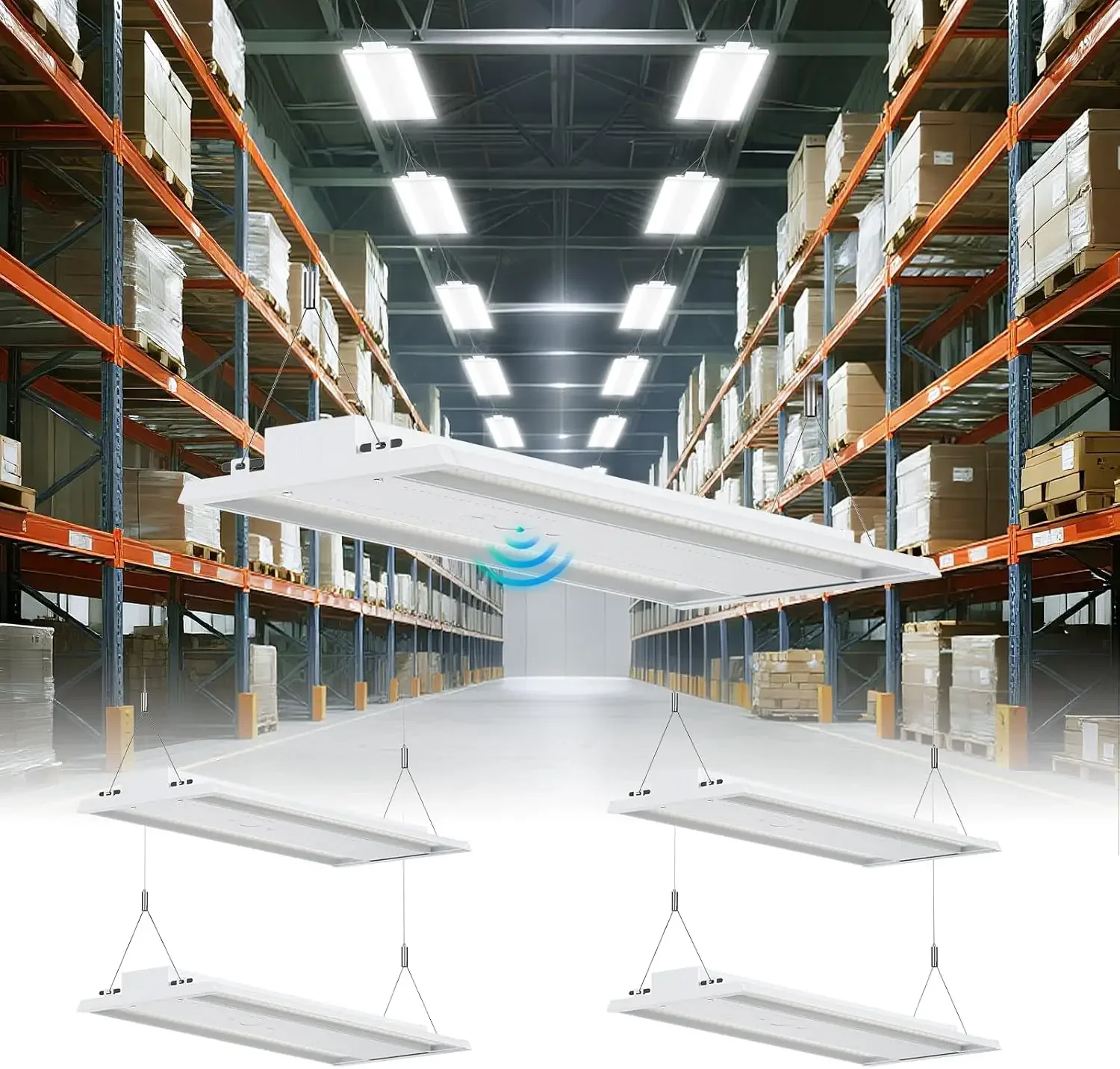 4 Pack 300W LED Linear High Bay Shop Light, Larger Central Lighting Area, 45000LM, 120-277V, 0-10V, 5000K, Commercial Linear Hig