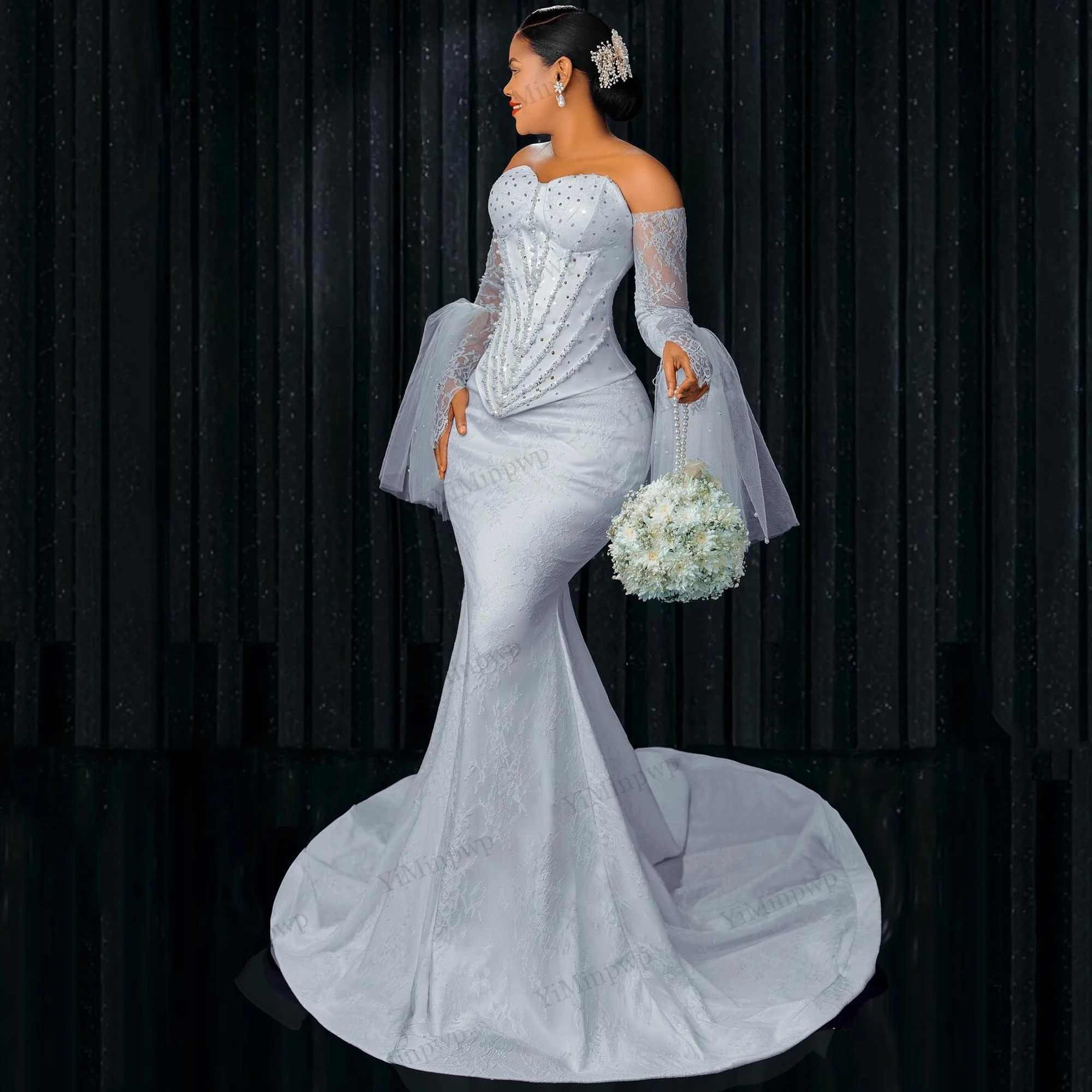 

Customized Lace Wedding Dresses Sweetheart Beaded Detachable Sleeve Bride Gowns African Customized vestido de novia princesa