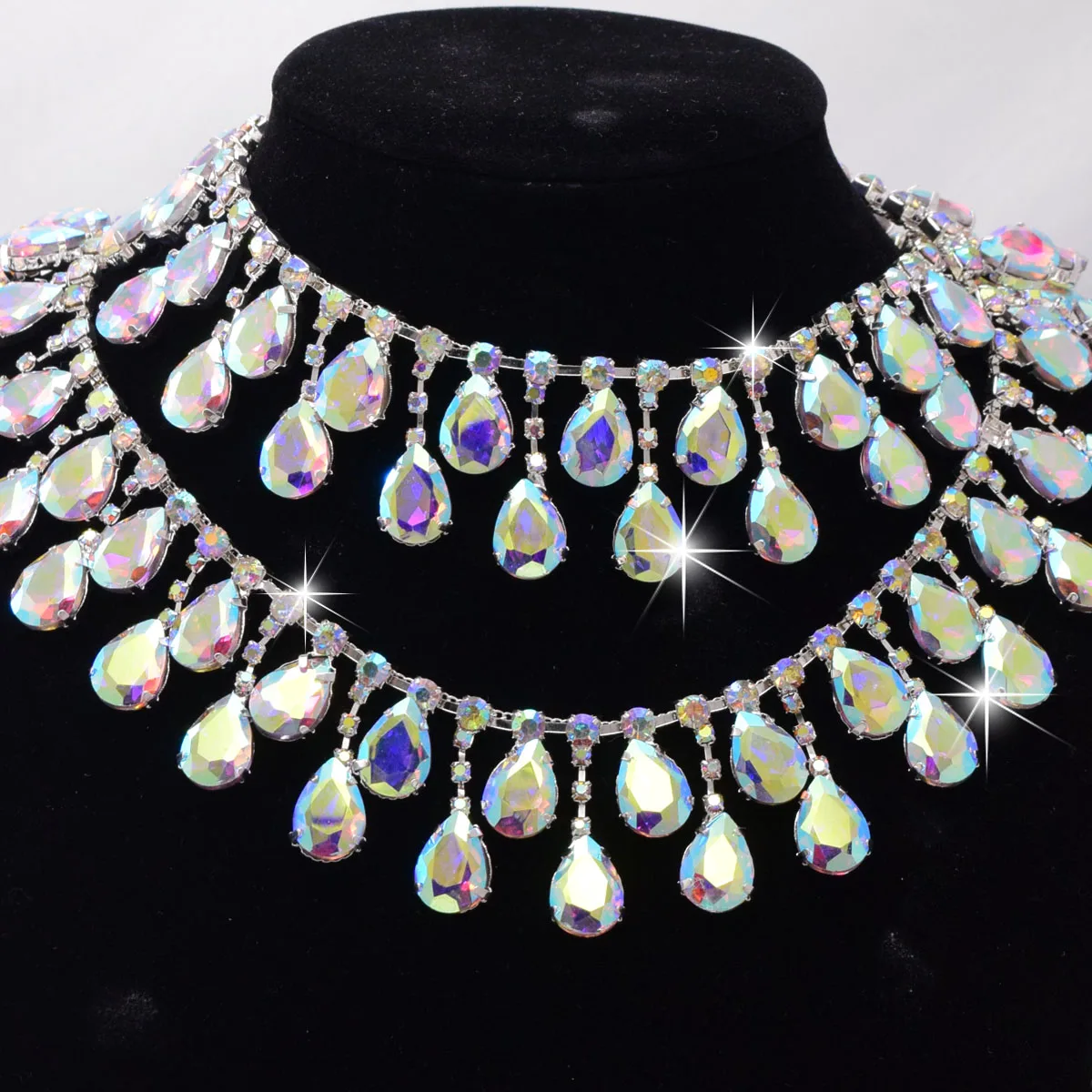 1 Yard Colorful AB Water Drop Tassel Rhinestone Alloy Chain Sparkling Glass High Quality Semi Finished Material For Suit Dress