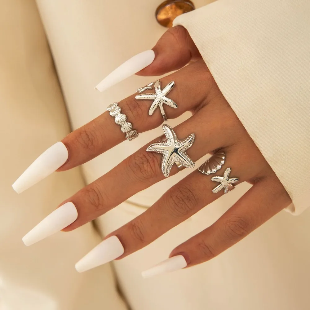 4Pcs/Set Bohemia Starfish Scallop Adjustable Open Rings for Women Summer Trendy Geometric Gold Color Beach Jewelry Accessories