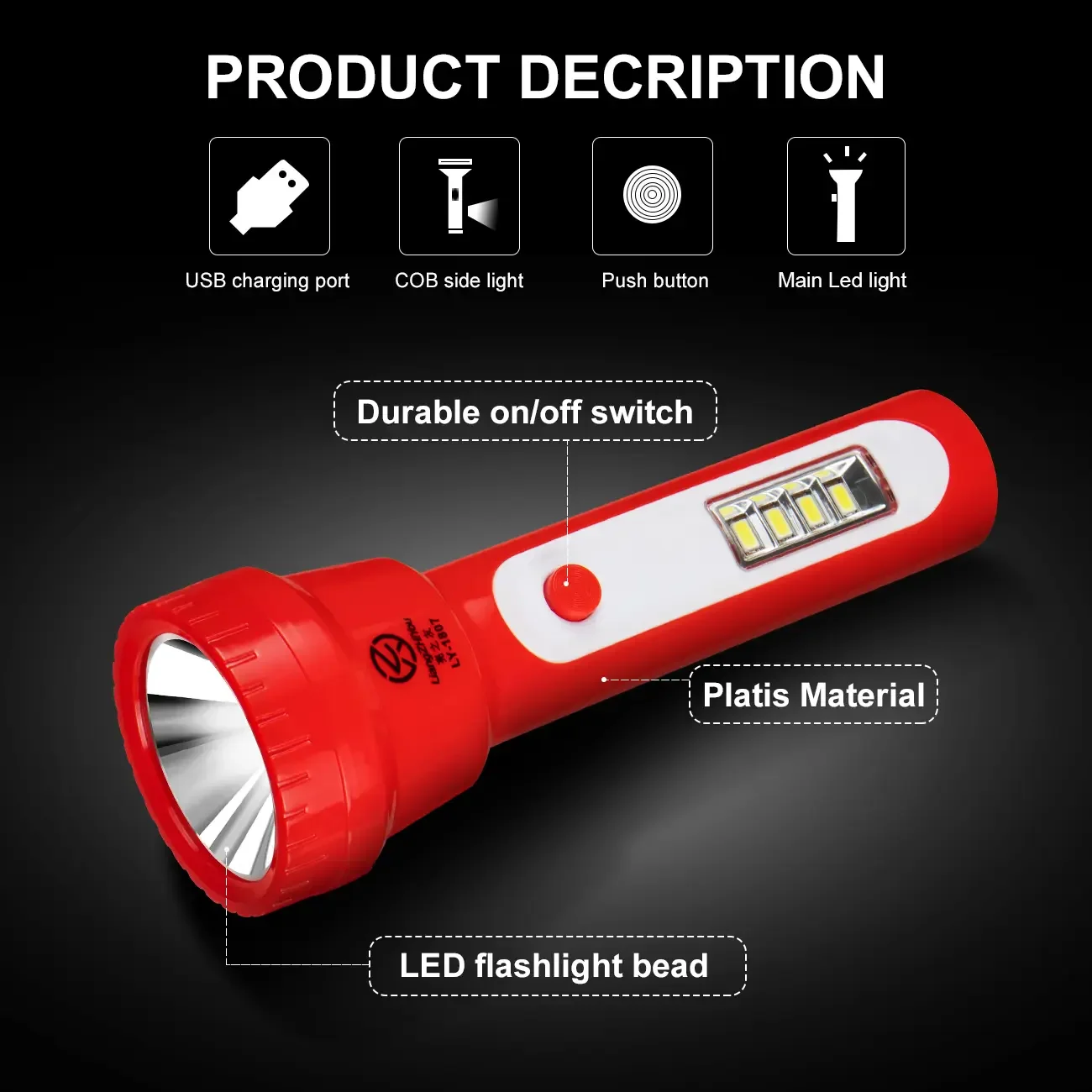 AODTOSIP ไฟฉาย LED Super Bright USB ชาร์จ COB ด้านข้างสําหรับเด็กกลางแจ้ง Camping Hiking โคมไฟ