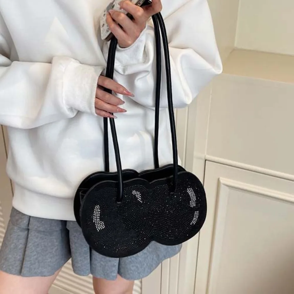 

Sweet Cherry Shape Underarm Bag Large Capacity Creative Red Fruit Handbag Polyester Anti-splash Water PU Rhinestone Bag Storage