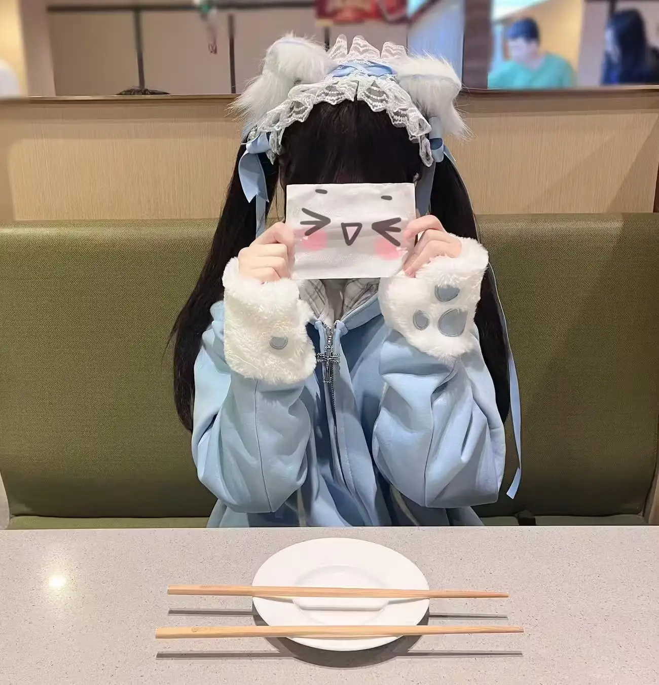 Warm Fleece Lined Cat Ear Hooded Zip Jacket Light Blue Black Option  Pom Drawstring Paw Patch Bone Embroidery Winter Cute Top