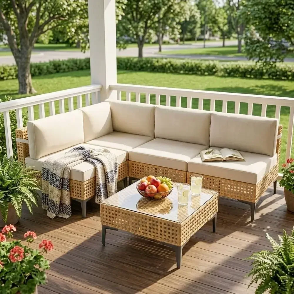 5-Piece Outdoor Sectional Patio Furniture Set with Cushions, Weather-Resistant Wicker for Backyard, Deck, or Poolside