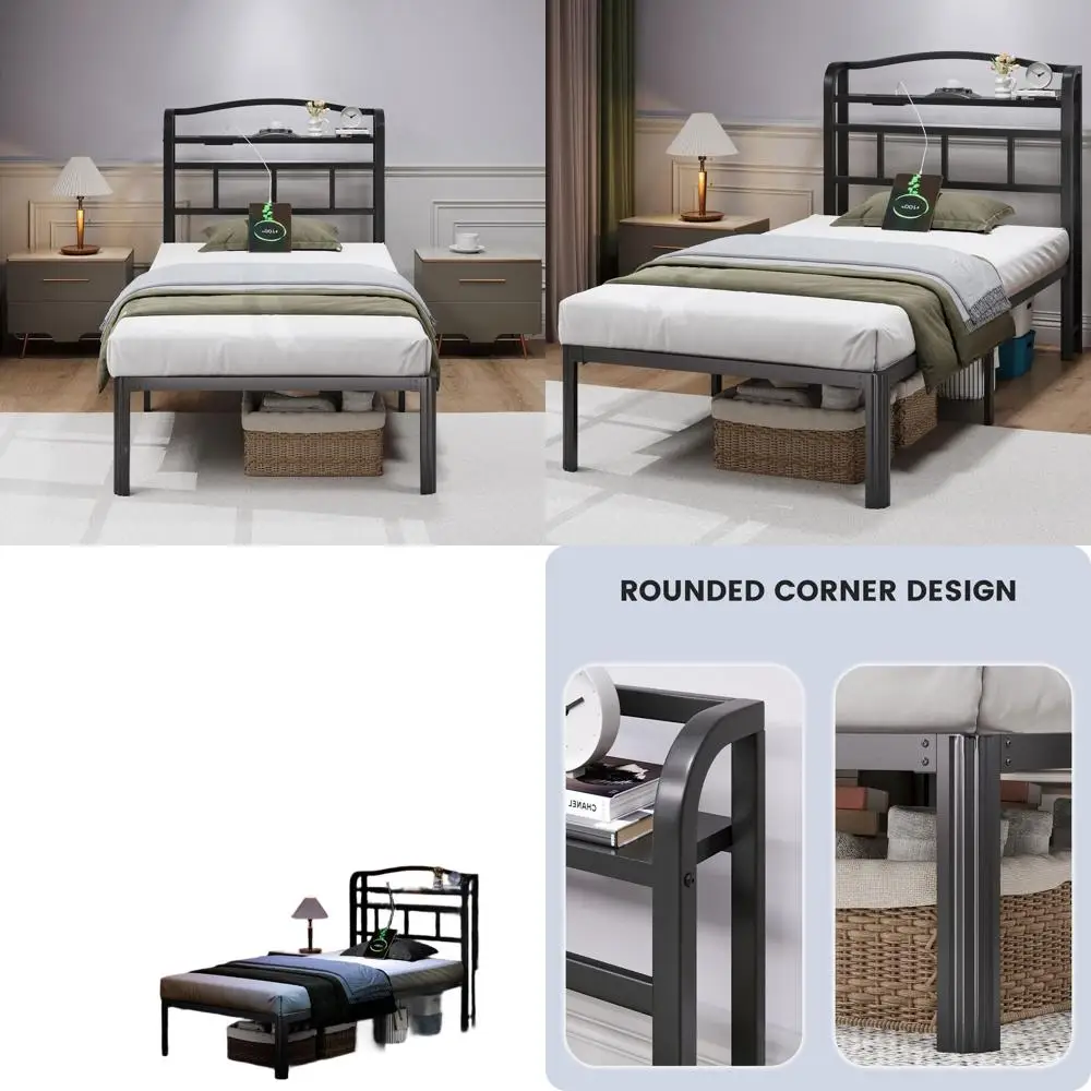 14 Metal Platform Bed Frame with Twin Storage Headboard, Charging Station & Aurora Projector, Box Spring-Free, Easy Assembly, Qu