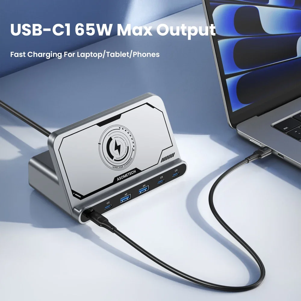 160W 6 Ports USB Charger Staion  Wireless Charging QC 4.0 3.0 Type C PD 3.0 Fast Charger for IPhone 15 Pro Samsung Tablet Laptop