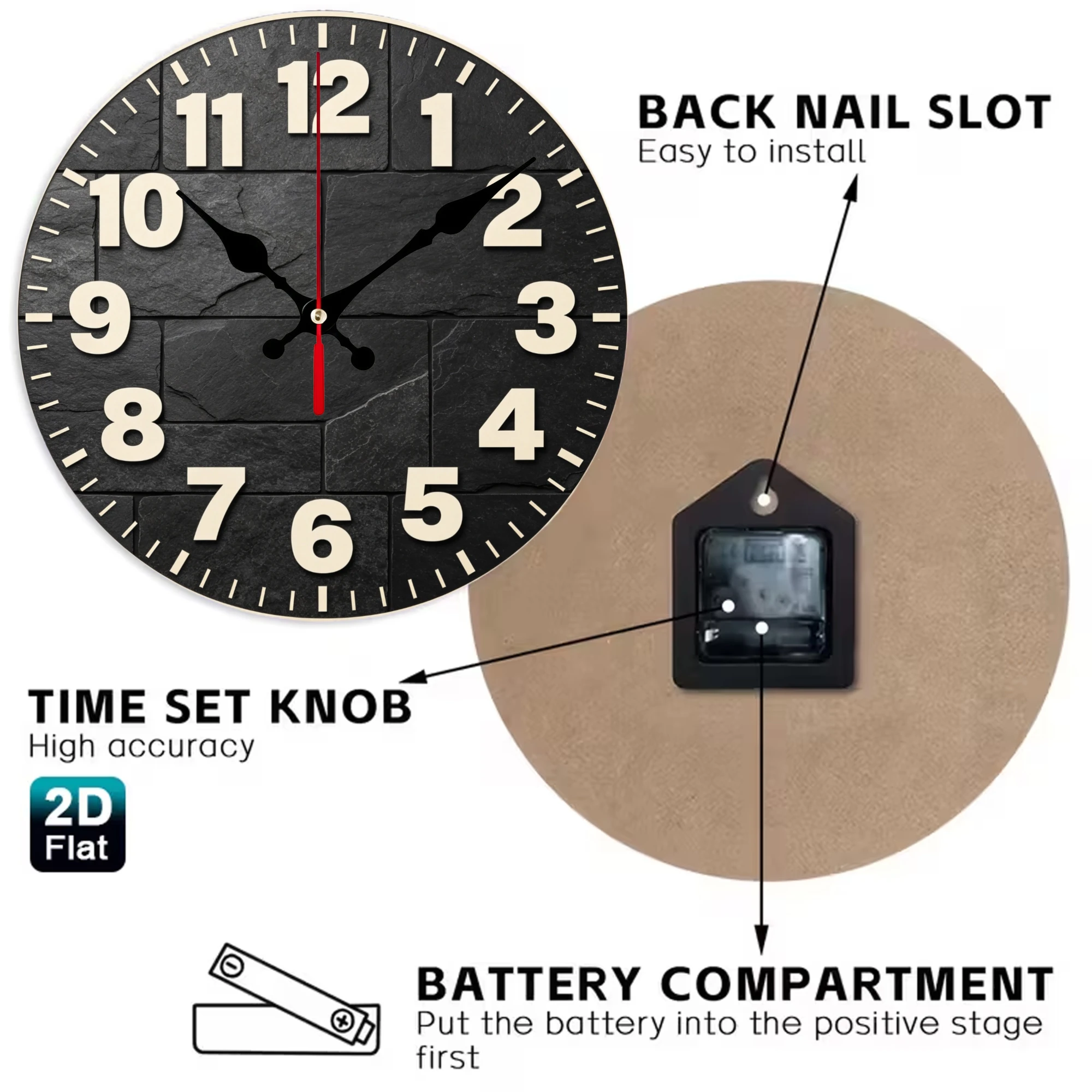 Black Slate Wooden Wall Clock, Silent Non Ticking Quartz Movement, 10/12 Inch Round Wood Clock for Home Decor, Living Room Bedroom Wall Decoration