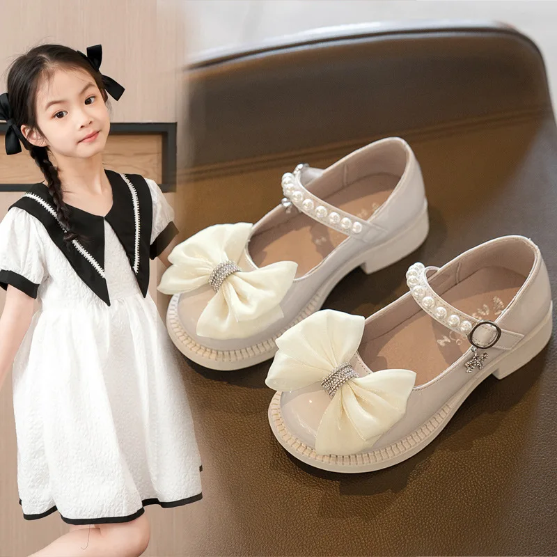 Bow Princess Flat Children's Shoes for Girl Black Mary Jane Loafers Sneakers Kids Party Shoes Student Pearlleather Shoes 6 Year