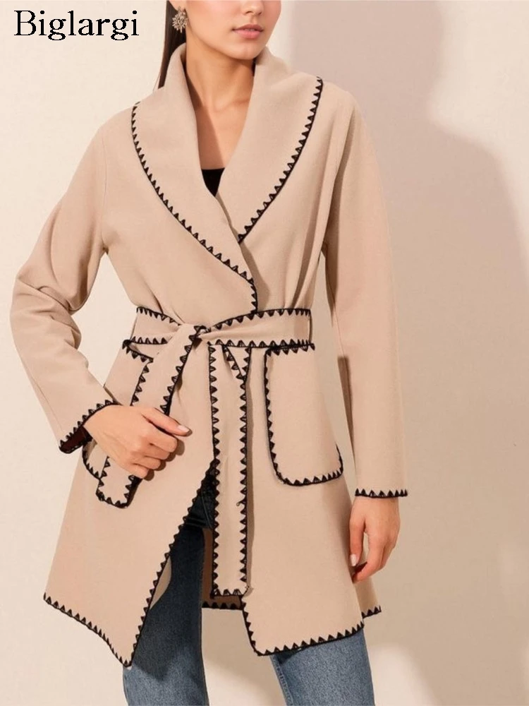 

Autumn Winter Woolen Coat Women Striped Print Patchwork Fashion Elegant Ladies Jackets Korean Style Loose Long Sleeve Woman Coat
