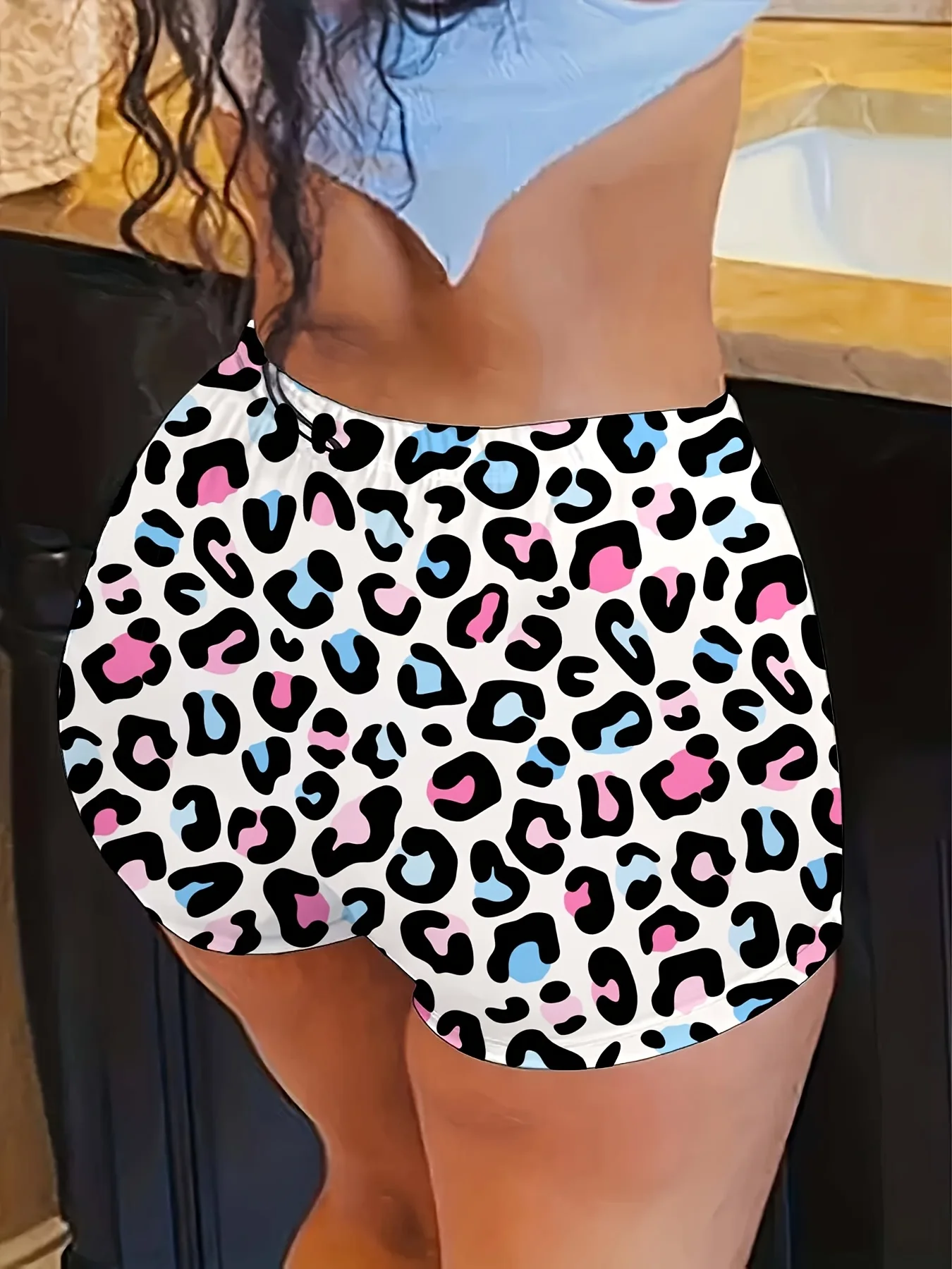 

Colorful Women's Stretchy Skinny Leggings Leopard Print with Pink Hearts Blue Dots Elastic Waistband Non-Transparent Yoga Pants