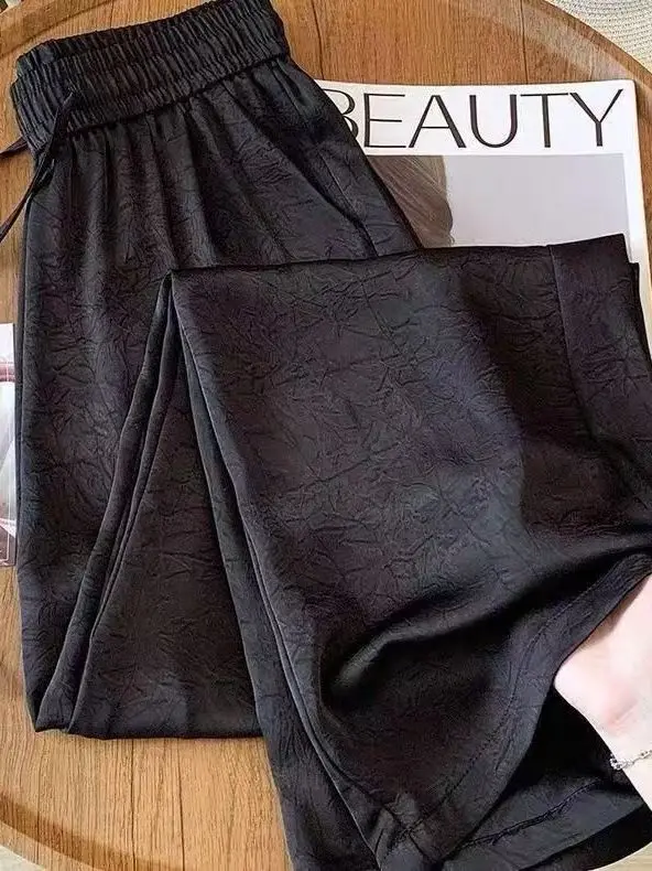 

Summer New High Waist Silk Wide Leg Pants Women's Black Drape Slim Straight Casual Pants Korean Style Commute Wind Pocket Design