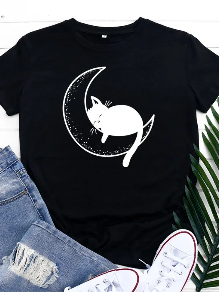 

Cat Sleeping on Moon Print T Shirt Women Short Sleeve O Neck Loose Tshirt Summer Women Tee Shirt Tops Camisetas Mujer