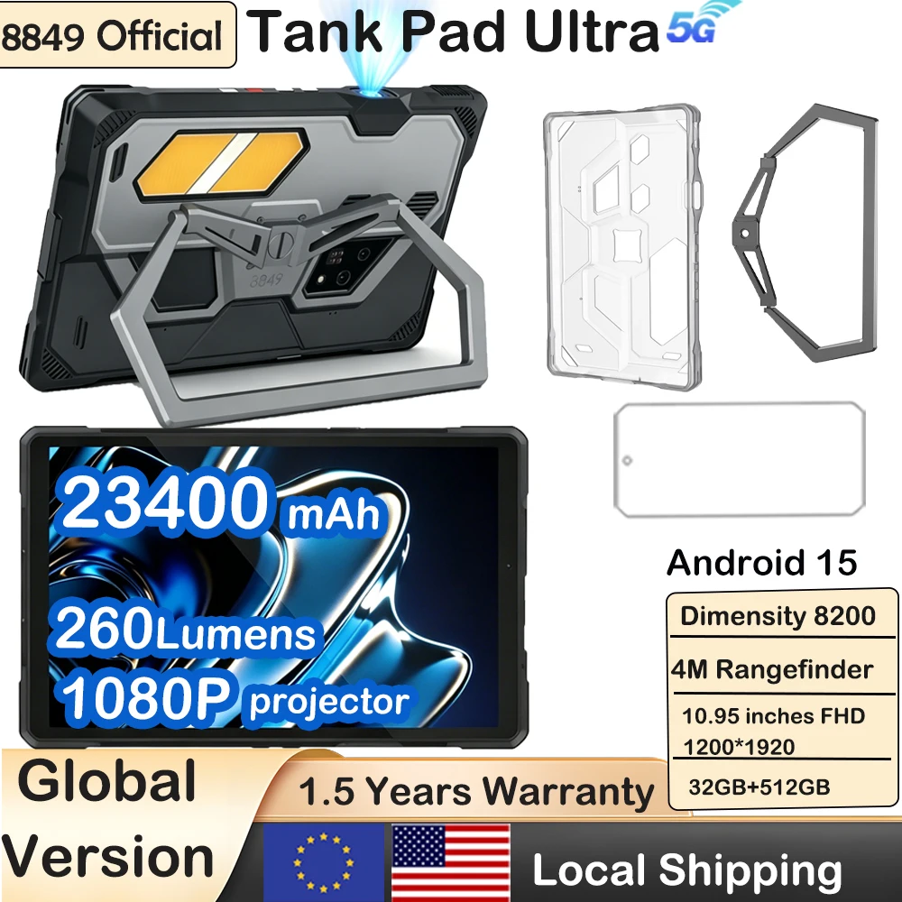 8849 Tank Pad Ultra Unihertz Rugged Tablet with Projector 260 Lumens 1080P 23400mAh 5G Android15 Wifi 6 32+512GB Dimensity 8200