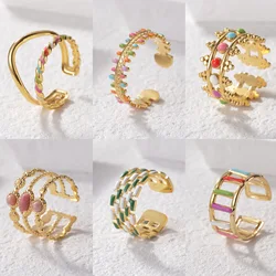 Colored Oil Drop Open Hollow Rings for Women Pink Stone Stainless Steel Jewelry Vintage Half Open Wedding Rings Birthday Gift