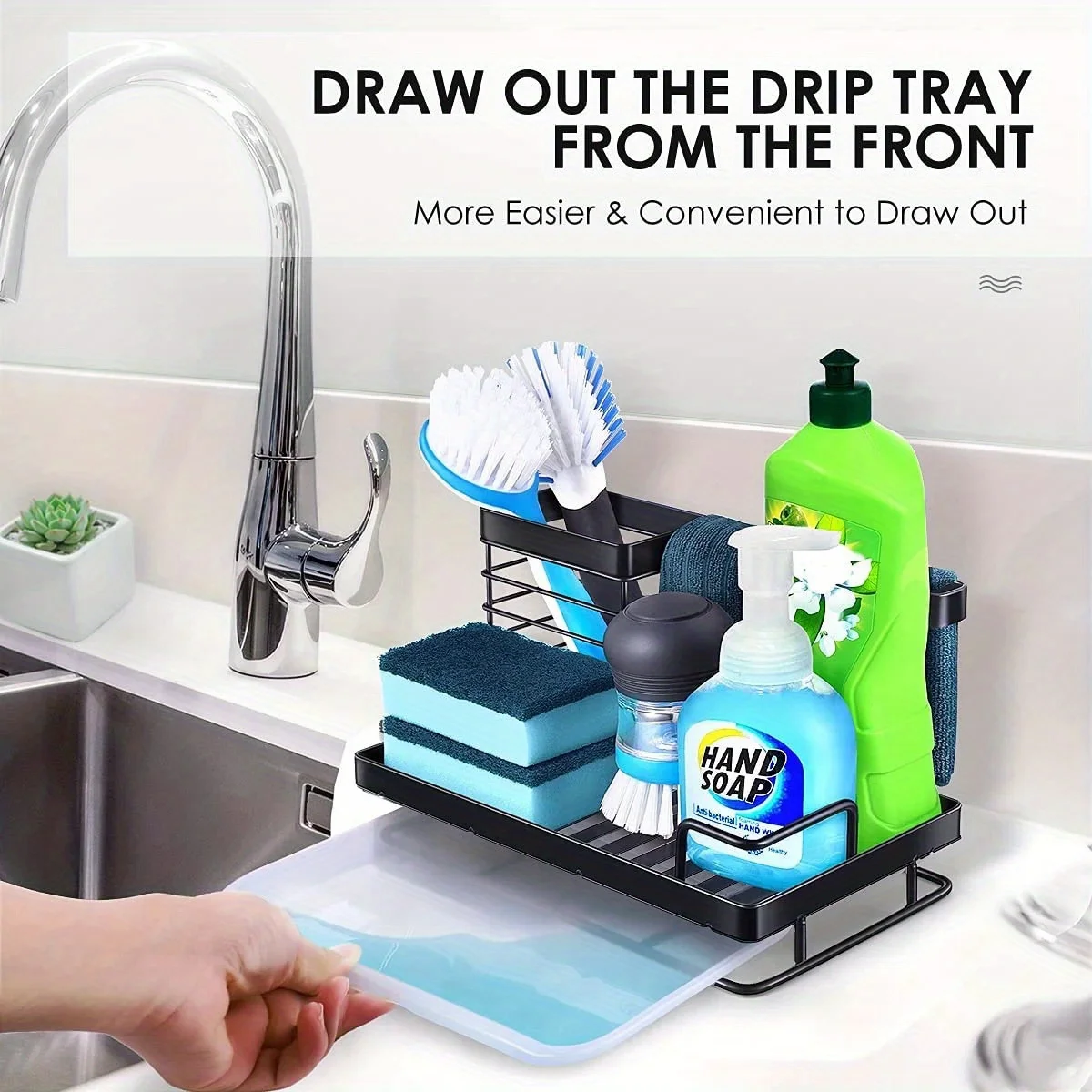 Sink Caddy, Sponge Holder with Removable Drip Tray, Kitchen Sink Organizer Basket for Sponges, Brushes