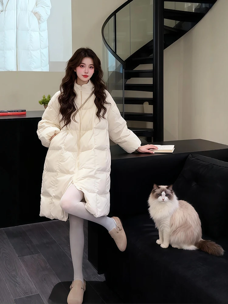 

Thiened Winter Jaet Women's Hooded Mid-Length down Cotton Coat Warm Outerwear Korean Sle Loose Fit Long Sve Zipper