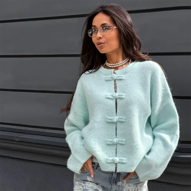 Tsiisd Women Fuzzy Sweater Cardigan Knot Button Up Long Sleeve Knitwear Cozy Warm Jacket Soft Loose Streetwear Women's Cardigan