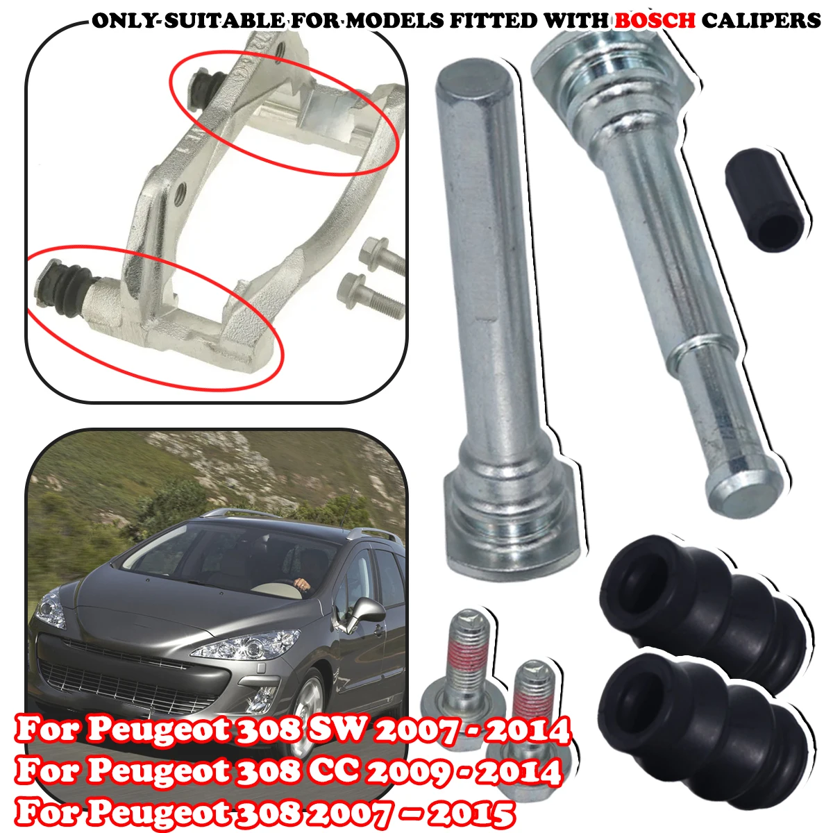 

For Peugeot 308 07 -2015 Front Brake Caliper Slider Guide Pins Bolt Kit Left Right Disc Housing Bellows Sleeve Bushing 113-1355X