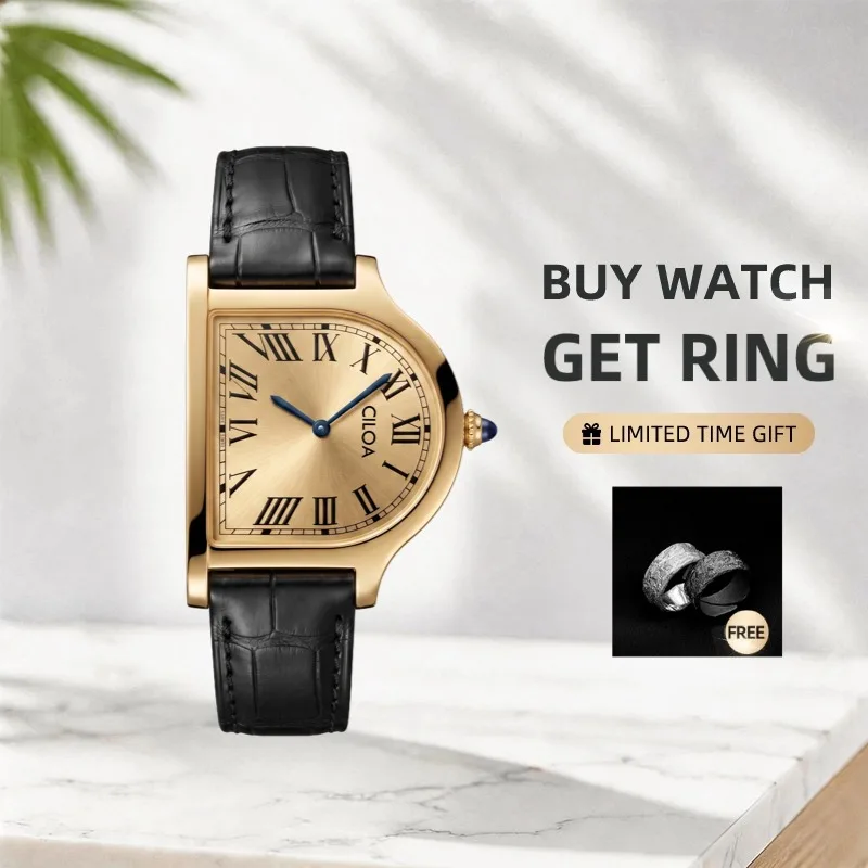 CILOA Retro Cushion Mens Quartz Watch Gold Sunburst Dial Roman Numeral Markers Crocodile Texture Blach-Quality Gift Quartz Watch