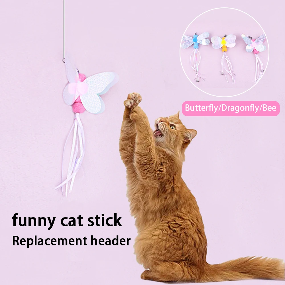 Cat Toys Teaser Wand Replacement Header Funny Cat Teasing Stick Butterfly Dragonfly Bee with Bell Interactive Toy Pet Supplies