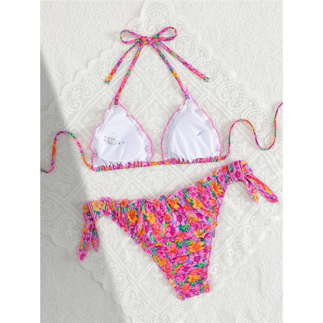 S - XL, Blumenmuster, Neckholder-Bikini, Damen-Badebekleidung, zweiteiliger Bikini, Badeanzug, Badebekleidung, Modell V8104. – Detail 7