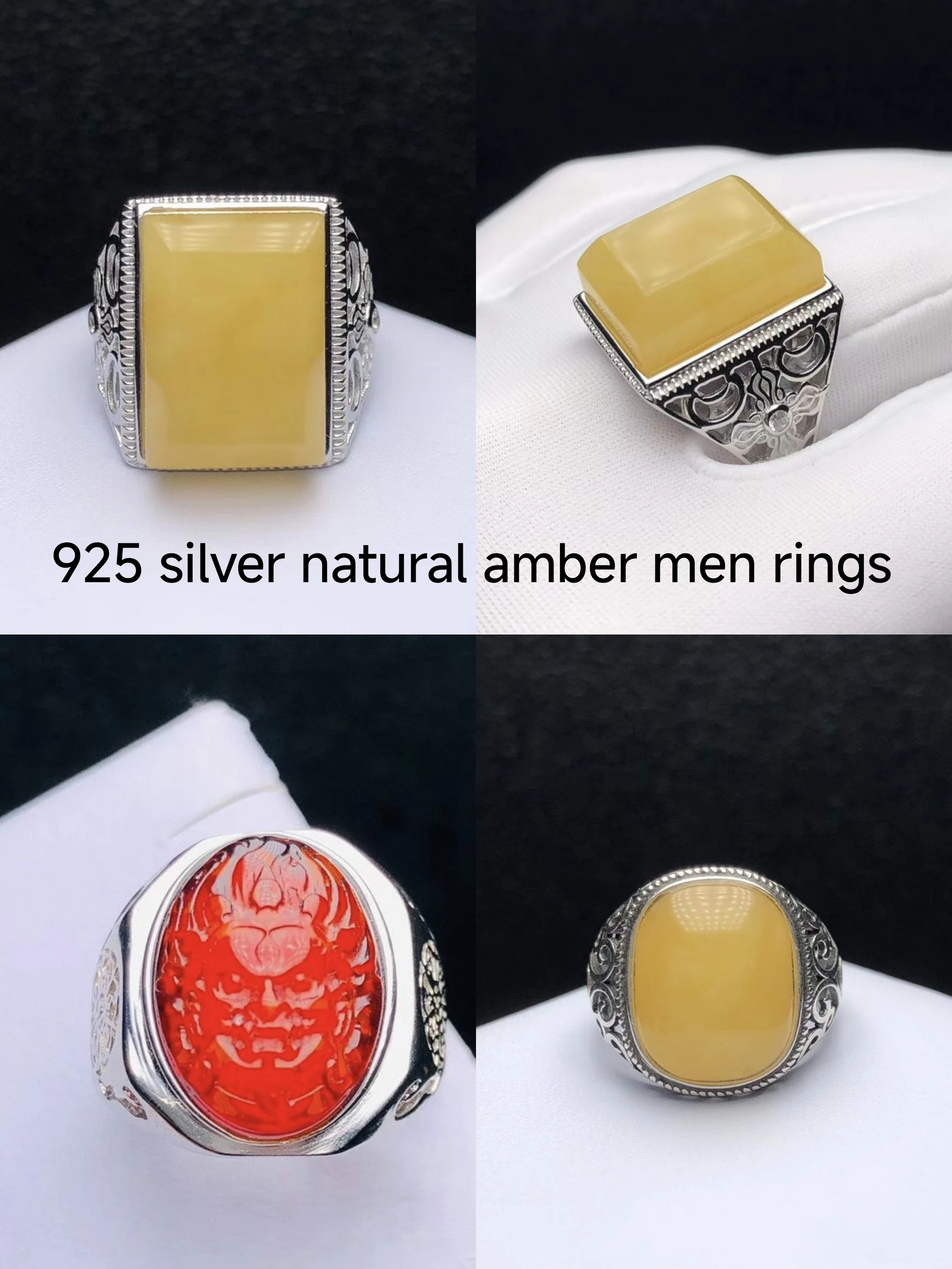 

Certificated 925 Silver Baltic Amber Rings For Men Natural Red Honey Amber Engraved The God Of Wealth Luxury Male Fine Jewelry