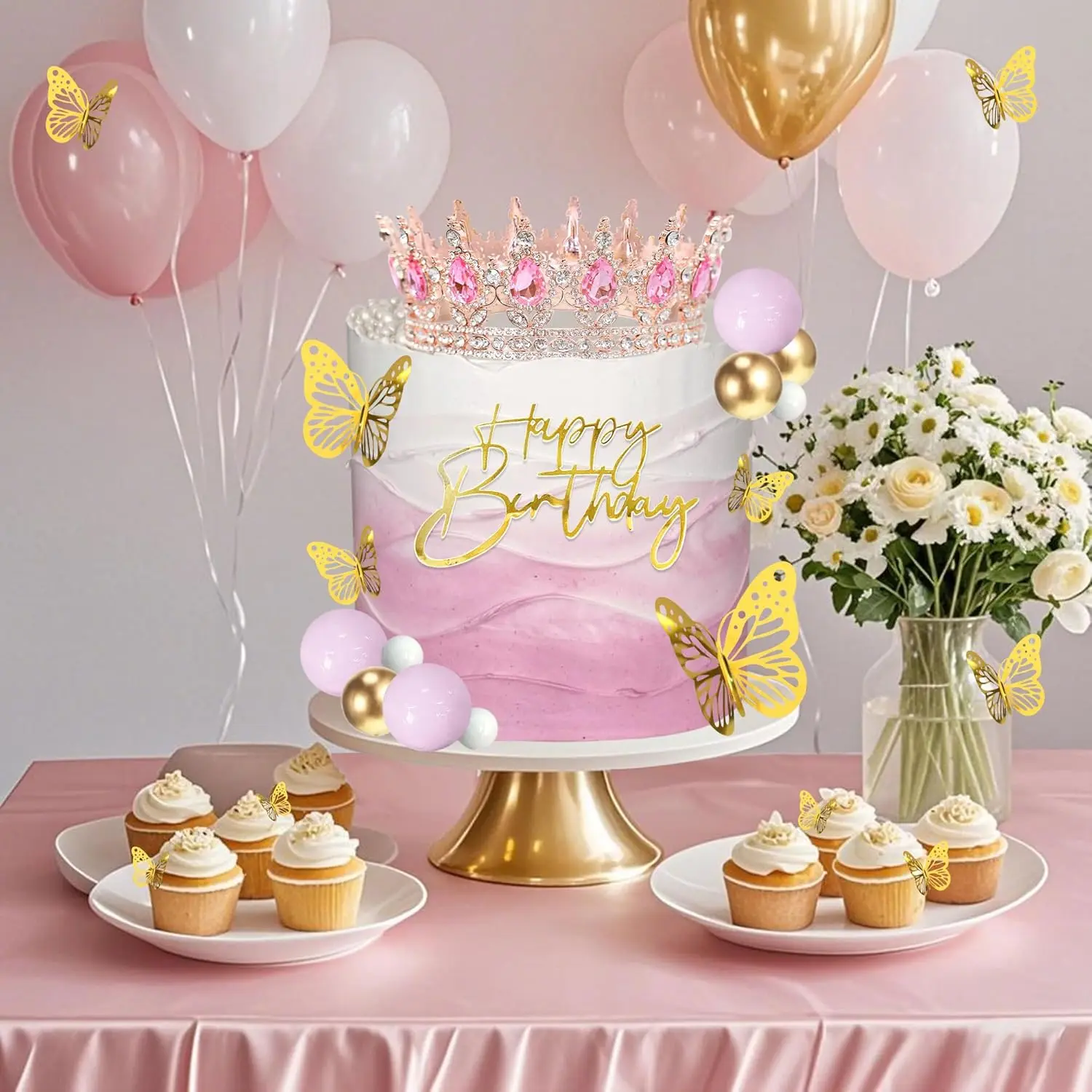 Kronen-Kuchenaufsatz, Kugeln, alles Gute zum Geburtstag, Kuchenaufsätze mit Kerzen, goldene Schmetterlinge, Kuchendekorationen für Hochzeit, Babyparty, Party – Detail 3