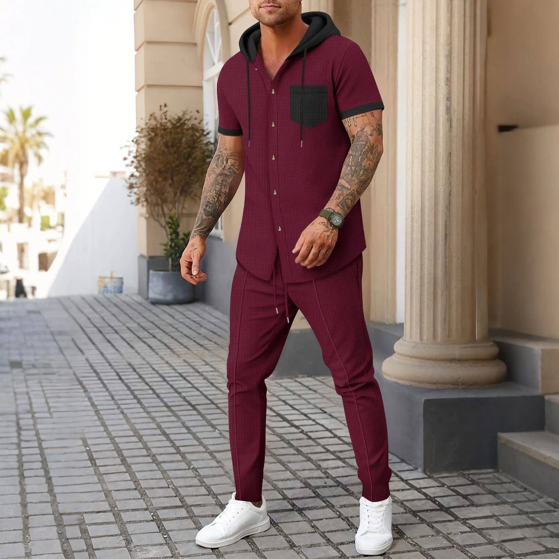 Cross-border Amazon independent website men's new waffle knit hooded small zipper casual long-sleeved top and long pants two-pie view 2
