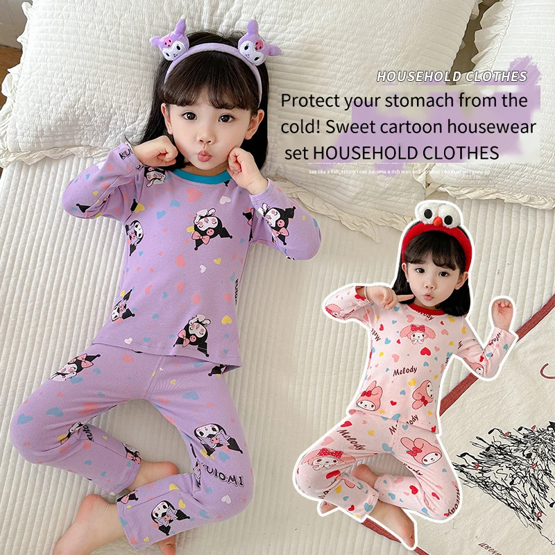 Sanrios Delong Base Suit Lounge Clothes Child Kuromi Autumn Clothes Long Johns Cartoon Anime Keep Warm Pajamas Two Piece Set