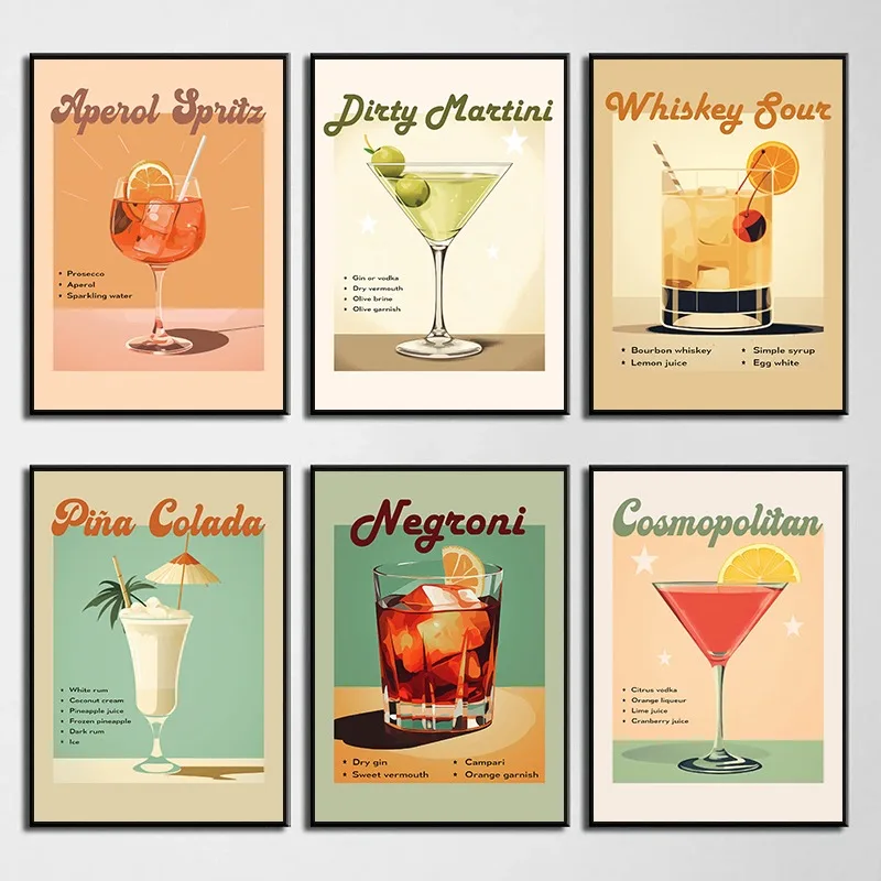 Retro Cocktail Art Print Poster Martini Negroni Aperol Spritz Drink Wall Art Picture Vintage Canvas Painting Bar Club Cafe Decor