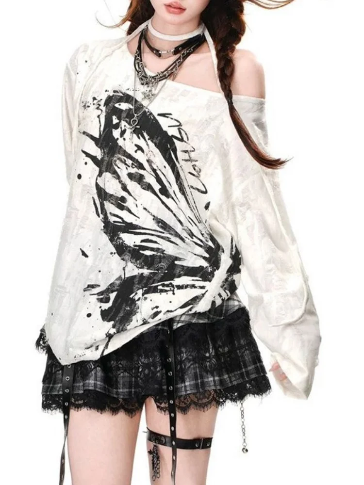 Y2k Aesthetic Butterfly Printing Vintage T-shirts Harajuku Women Skew Collar Hole Tops Streetwear Grunge Casual Loose Tshirt