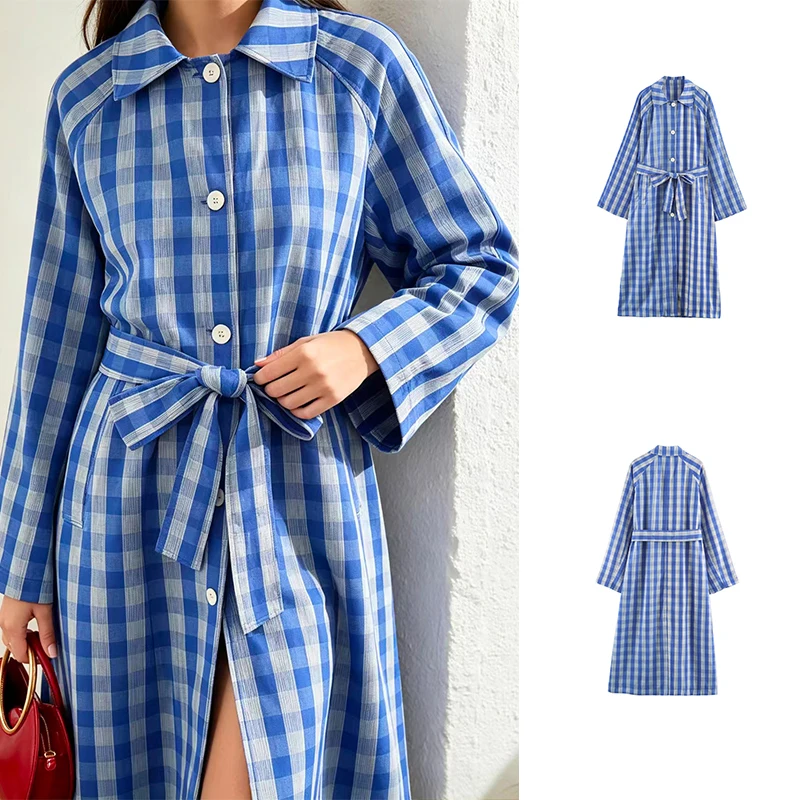 FANAN Women Blue Plaid Long Trench Coat Lapel Long Sleeve Belted Waist Split Button Casual Oversized Windbreaker Outerwear