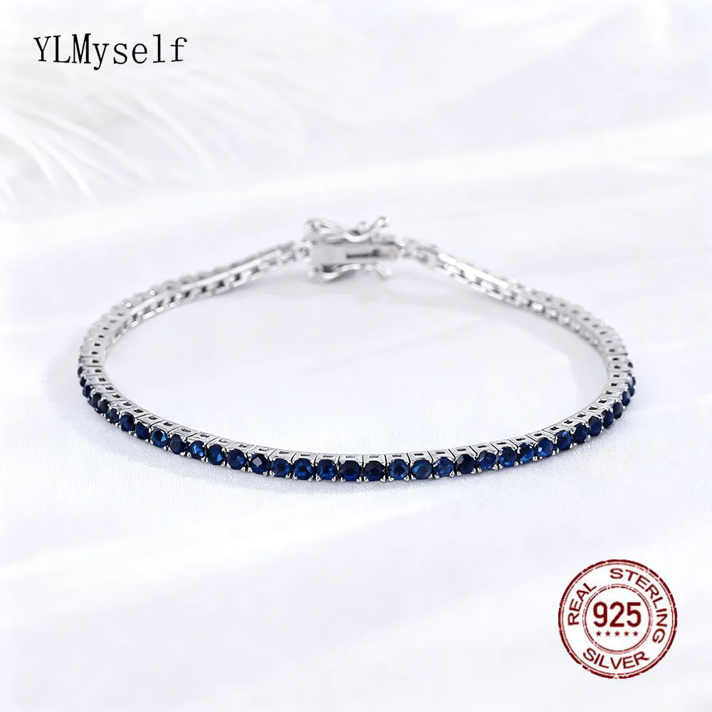 

YLMyself Tennis Bracelet 925 Sterling Silver 2mm Montana Dark Blue CZ Solid Fine Jewelry Hip Hop Rock Chain For Women