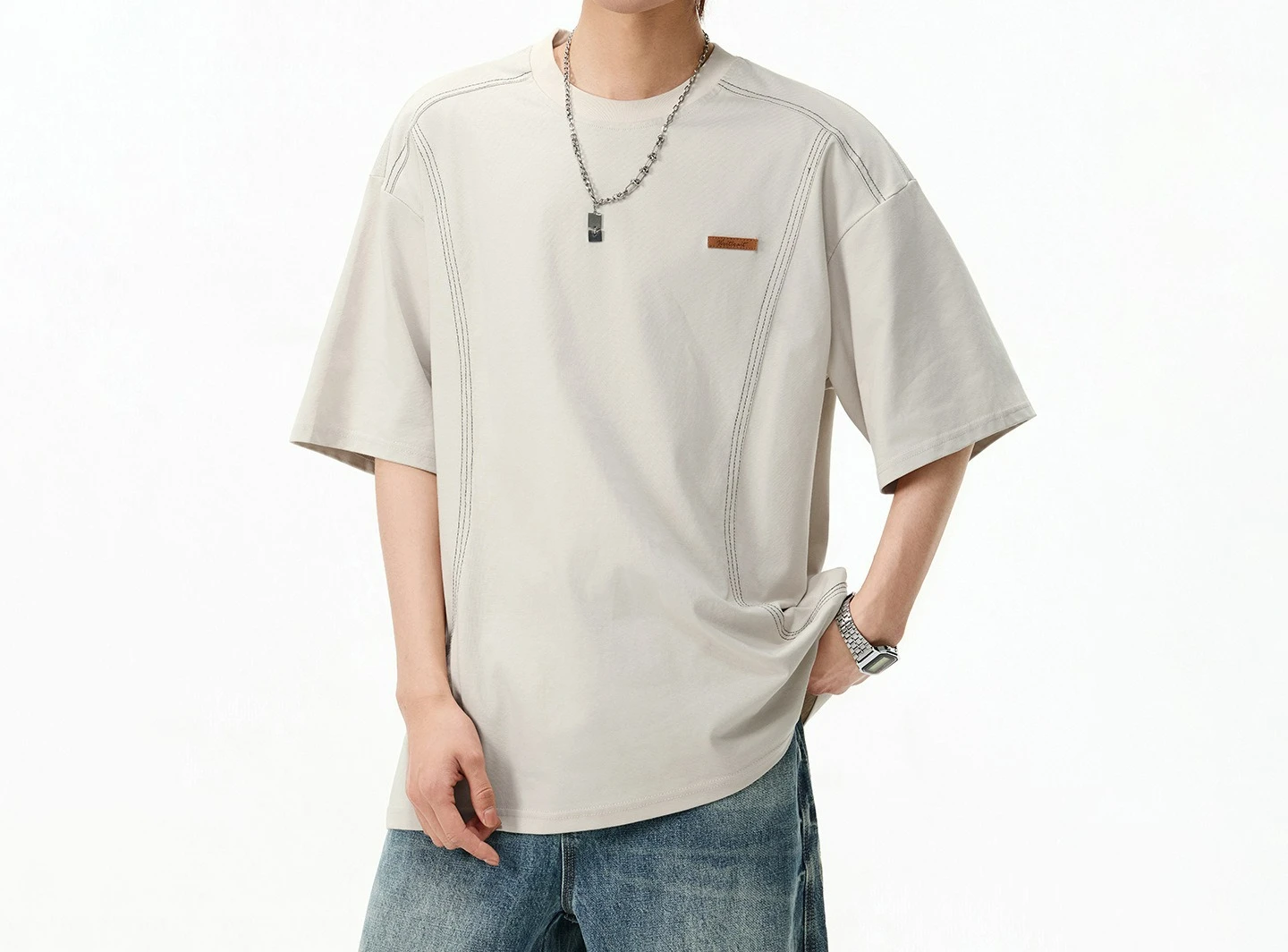 Contrasting Color Bright Line Three-dimensional Division Pure Cotton Short-sleeved T-shirt Men's Summer High-end Half-sleeve