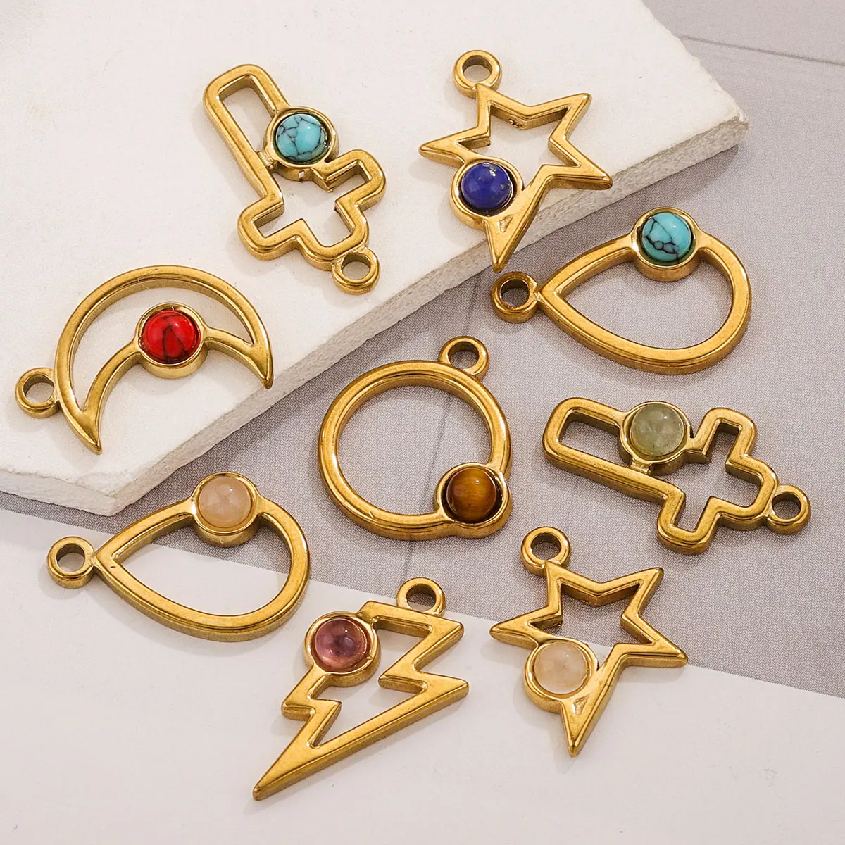 5 Stuks Van Roestvrij Staal Geometrische Waterdichte Pvdgold Plated Charm Set Natuursteen Pendantdiyarmband Ketting Oorbellen Sieraden