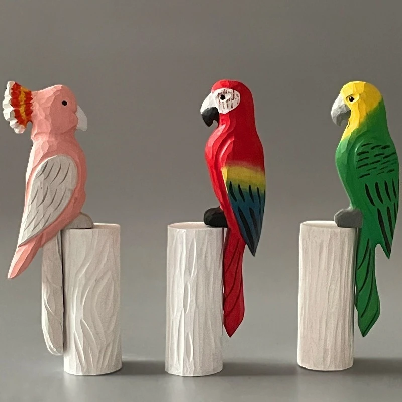 Adorable Parrot Wooden Figurine Cute Hand Carved Wood Bird Craft Living Room Entryway Wine Cabinet Decor Creative Birthday Gift