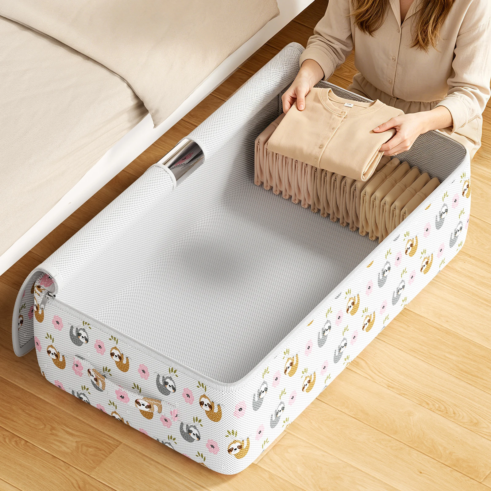 Sloth Print Underbed Storage Box Thickened Open Cover Clothes Storage Bag Bedroom Underbed Seasonal Quilt Clothes Organizer