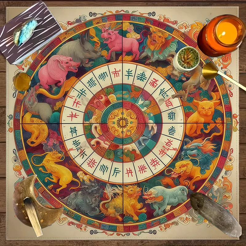 VIKAMA Chinese Style Twelve Zodiac Tarot Cards Altar Cloth Retro Rune Compass Tablecloth Oriental Destiny Divination Mat