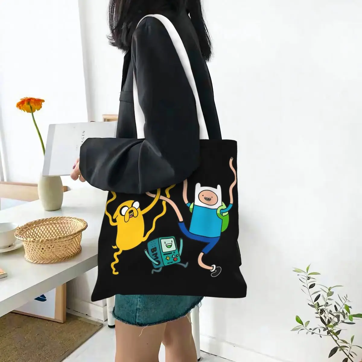 حقيبة يد نسائية من Finn Jake BMO للحفلات، حقيبة كتف من القماش بتوقيت المغامرة للطلاب، حقيبة تسوق قابلة لإعادة الاستخدام