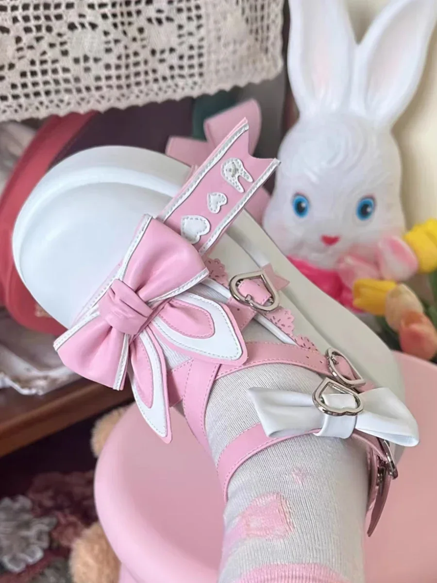 Nuove scarpe da ragazza studentessa Lolita Orecchio di coniglio Scarpe con plateau con fiocco carino Scarpe in pelle con rialzo di altezza Décolleté