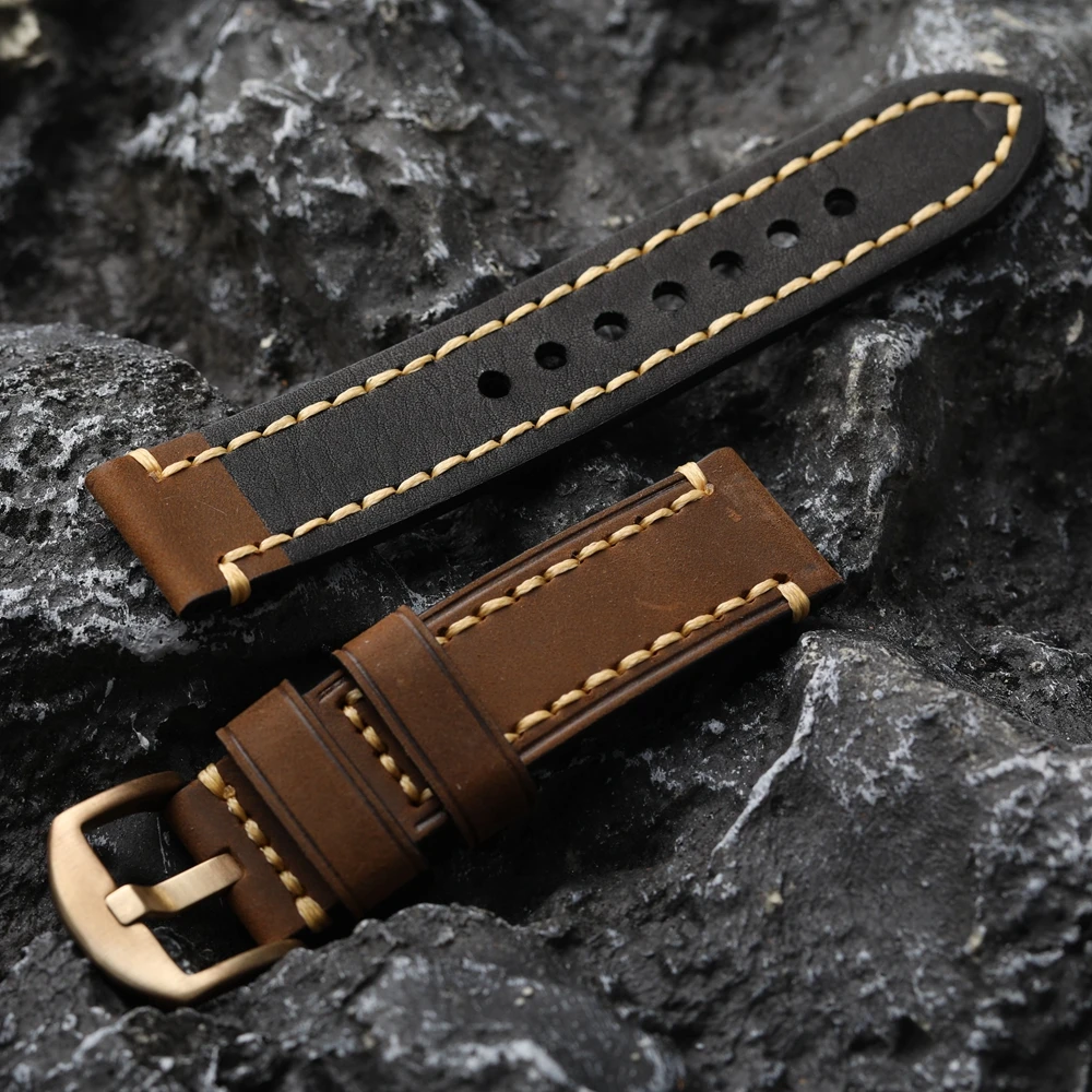 Handmade Head Layer Cowhide Watch Watchband 20 22 23 24 26MM Bronze Buckle Bracelet, Vintage Style, Brushed Leather Men Strap