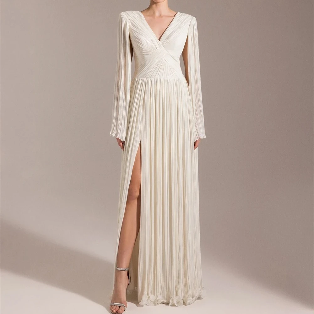 

Elegant Evening Dress V-Neck Long Sleeves Pleat A Line Prom Sexy Thigh Slit Evening Gowns A Line Formal Party Dress Customized