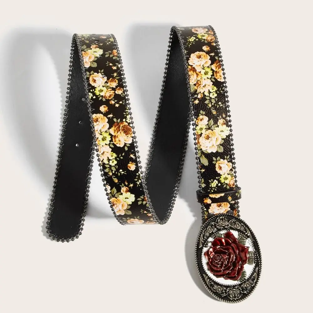 Luxury Bohemian Style Floral Jeans Belts Vintage Girdle Carved Metal Buckle Belt Y2k Hip Hop PU Leather Belt Women's Accessories